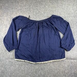 Lily Pulitzer Blouse Shirt Women Medium Blue Long Sleeve Preppy Pom Pom Nautical